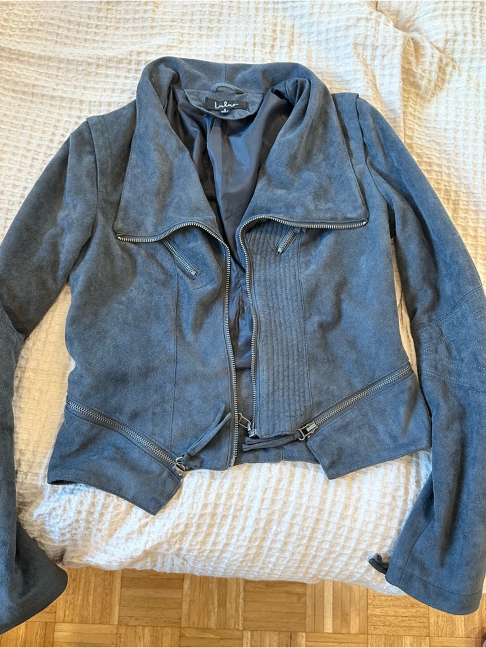 Lulu's Gray Suede-Effect Moto Jacket